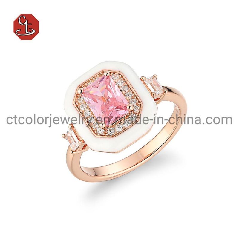 Pink Gemstone CZ Ring White enamel with AAA Cubic Zircon Silver Ring Wholesale Jewelry