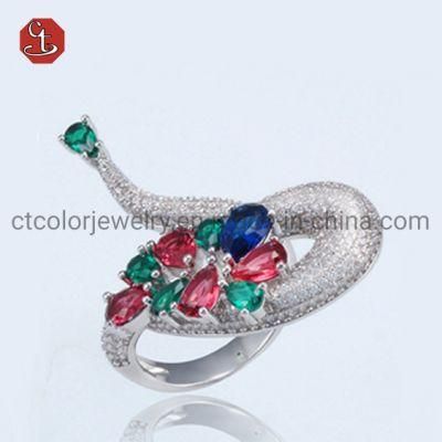 Colorful Diamonds CZ Finger Ring Peacock Silver Animal Ring
