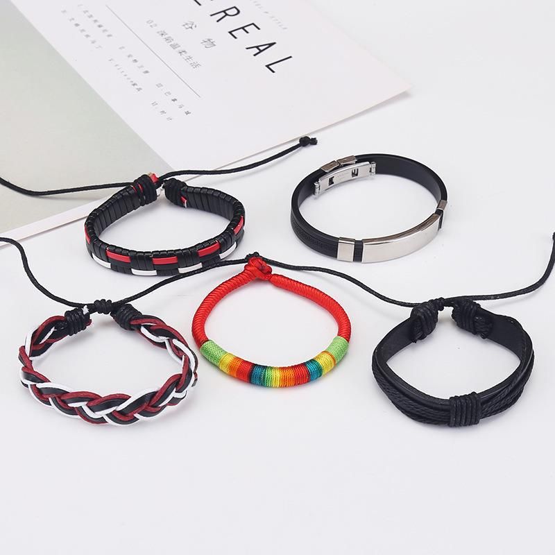 Europe and America Simple Retro Set Bracelet DIY Woven Cowhide Bracelet Punk Bracelet Men′ S Hemp Rope Leather Bracelet