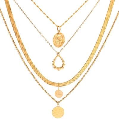 Fashion Multilayer Stainless Steel Gold Plated 4 Tier Pendants Necklace for Layering Jewelry Design
