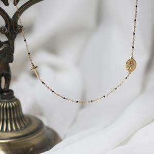 Jesus Cross Tag Stainless Steel Oval Virgin Buddha Necklace 18 Gold Plated Black Bead Chain Christian Necklace
