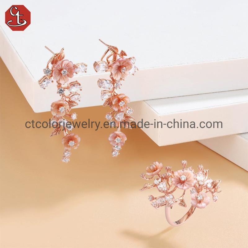 Popular Style Sterling Silver Jewelry Garnet Zirconium Pink Shell Flower Earrings