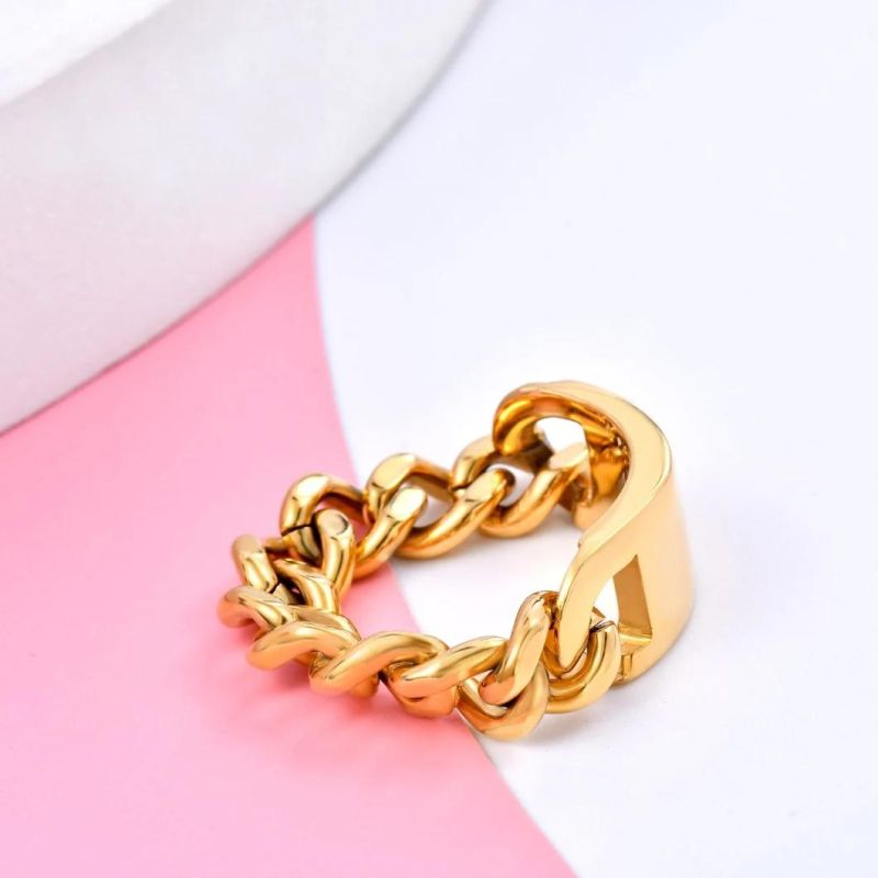 Fashion 18K Gold Plated Curb Chain Ring with Rectagle Shaped for Men and Women