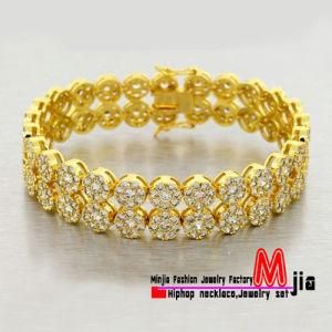 14k Gold Plated Simulated Lab Diamond Bracelet Mens 2 Row Cluster Iced out Pave Xoi982