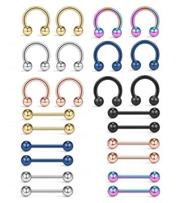 24PCS Jewelry Sets Barbells Earrings Horseshoe 316L Steel Nipple Nose Eyebrow Helix Tragus Cartilage Septum Piercing Jewelry