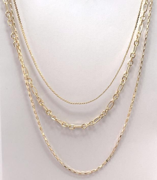 3 Rows Multiple Layered 18K Gold Plated Necklace with Box Chain Link Chain Zigzag Chain