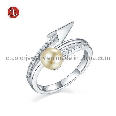 New Design 925 Sterling Silver Jewellery CZ Arrow Shape Fashion Pearl Ring