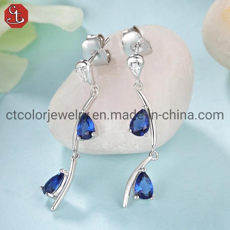 Fashion Jewelry 925 Sterling Silver Cubic Zirconia Classic Gem Blue Stone Earrings