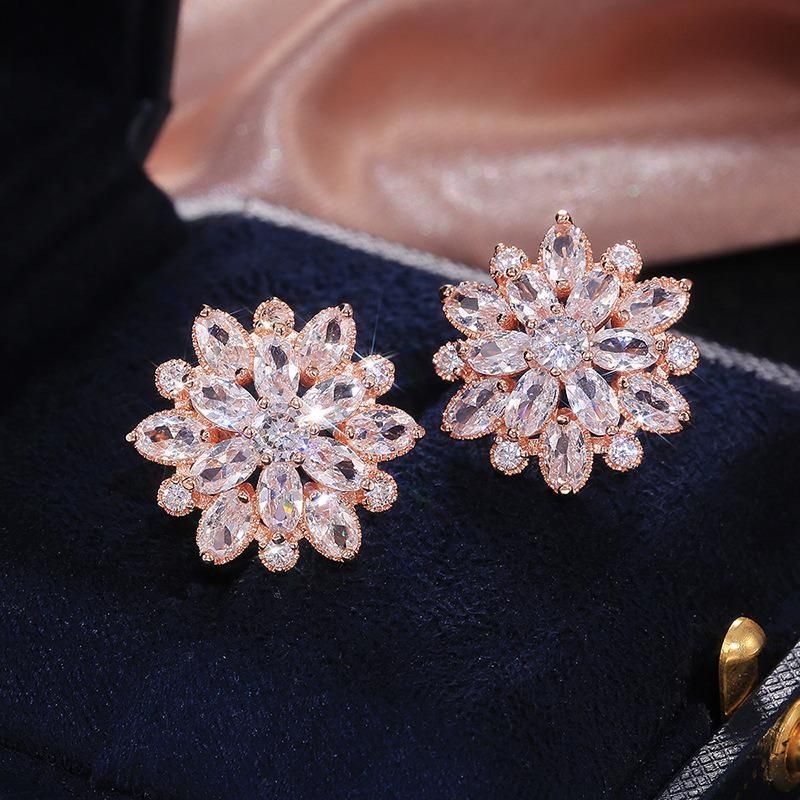 Bride Wedding Sun Flower Snowflake Zircon Stud Earring for Women