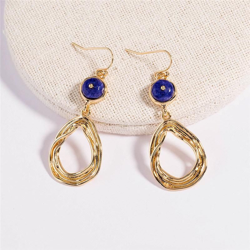 Fashion Jewelry Accessories Manufacture Natural Stone Alloy Textured Teardrop Pendant Fishhook Earring with Dark Navy Semiprecious Stone for Women Lady Girls