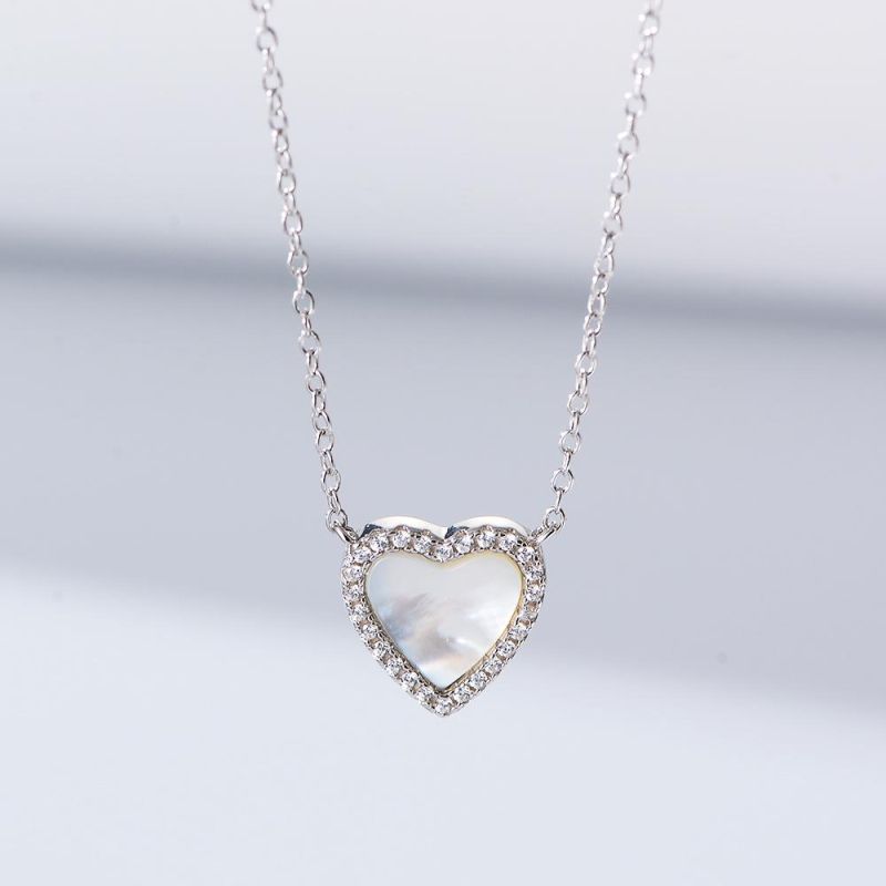 925 Sterling Silver Girl Jewelry CZ Shell Heart Charm Necklace