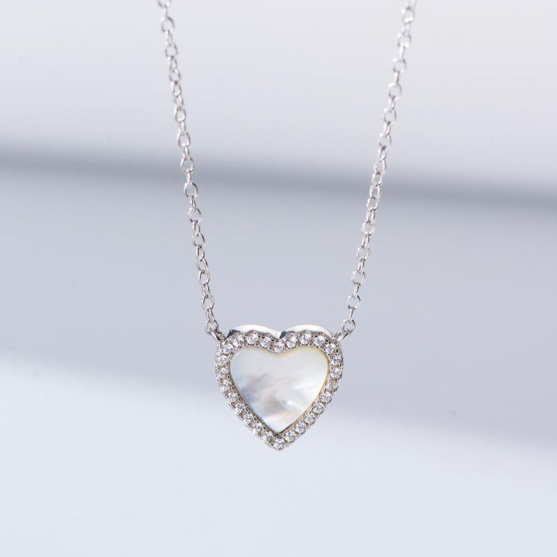 925 Sterling Silver Girl Jewelry CZ Shell Heart Charm Necklace