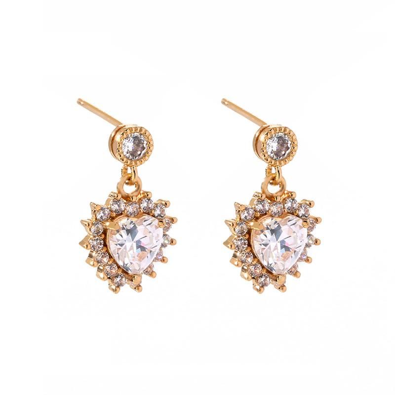Fashion Jewelry Solid Gold Plated Heart-Shaped Diamond Pave CZ Drop Earrings for Women