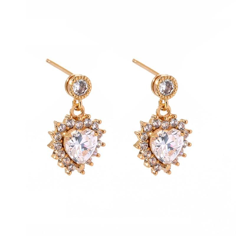 Fashion Jewelry Solid Gold Plated Heart-Shaped Diamond Pave CZ Drop Earrings for Women