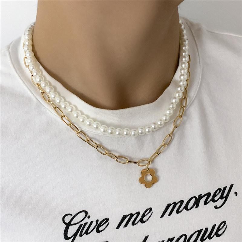 Fashion Jewelry Multi 2 Layers Pearl Choker Necklace with Stainless Steel Link Chain Necklace with Flower Pendant