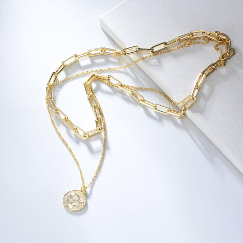 Fashion Women 18K Gold Plated Double Link Chain Coin Pendant Necklace