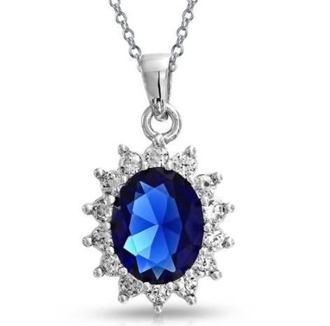 Vintage Style Royal Blue Simulated Sapphire AAA CZ Oval Halo Crown Pendant Necklace for Women 925 Sterling Silver