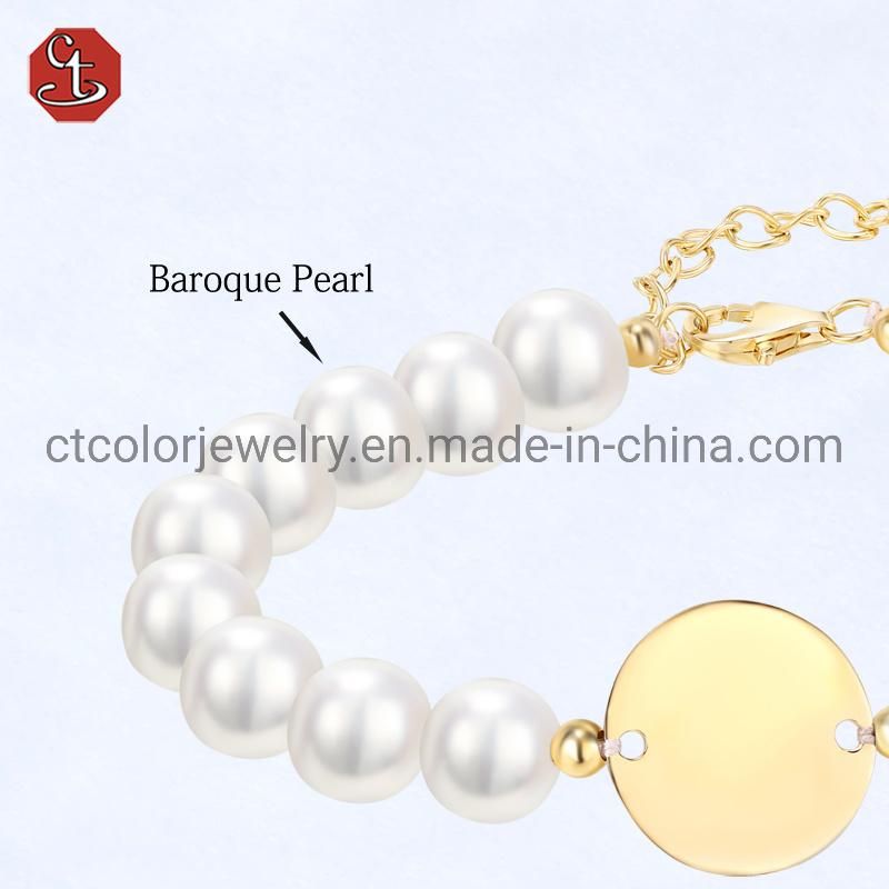 Fashion jewelry Baroque pearl FWP Bangle 925 silver Brass Unique 14K & 18K Gold plated hanging Round plaque accessory Bracelet