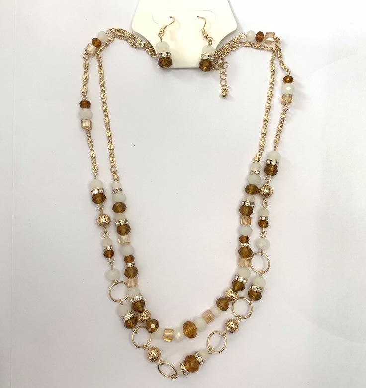 2 Rows Bead Necklace with Fishhook Earring Set for Women