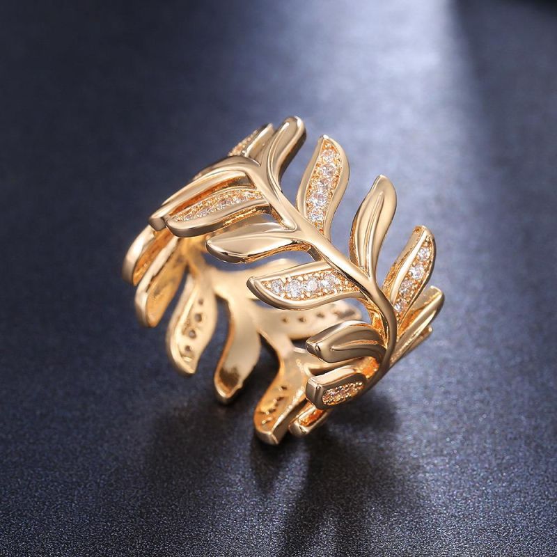 Jewelry New Trends Leaf Round Simple Zircon Ring Simplicity Gold Plated Bague Gold Leaf Fashion Ring Women