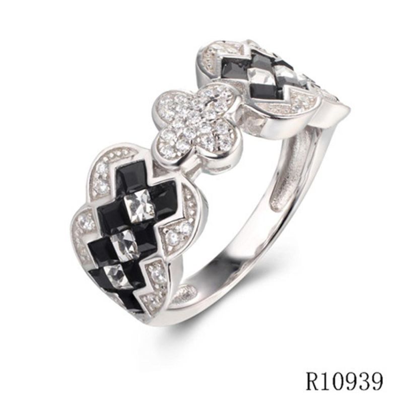 Flower Mosaic Style Silver with CZ Black and White Ring