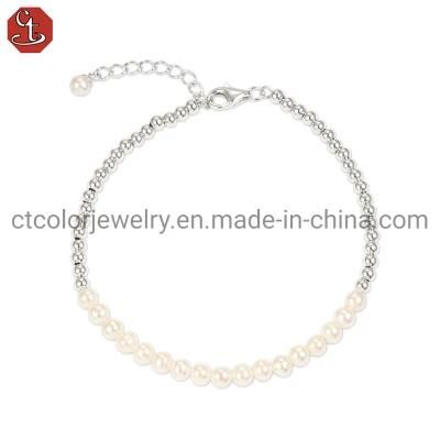 Fashion Jewelry Elegant Design Natural Pearl Chain 925 Silver Bangle Bracelet