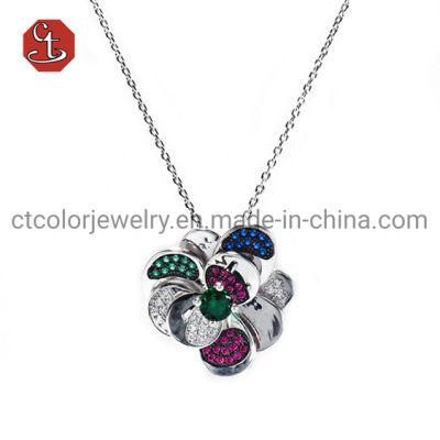 Flower Pendant Silver Jewelry Sets Green/Sapphire/Ruby CZ Necklace