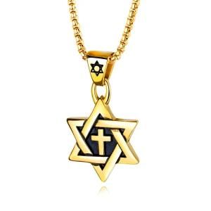 Gold-Plated Stainless Steel Six-Pointed Star Cross Pendant Necklace
