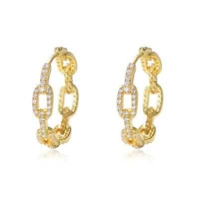 Fashion Gold Plated Link Chain Pave CZ 925 Sterling Silver Hoop Women Earrings Gold Vermeil Jewelry