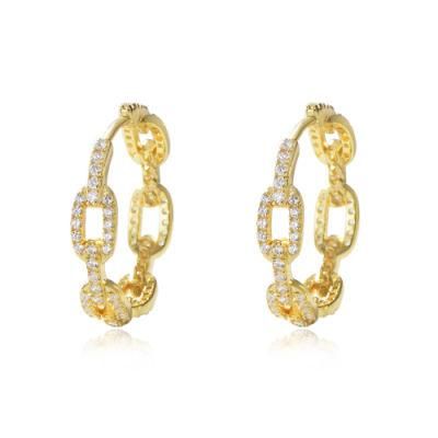 Fashion Gold Plated Link Chain Pave CZ 925 Sterling Silver Hoop Women Earrings Gold Vermeil Jewelry