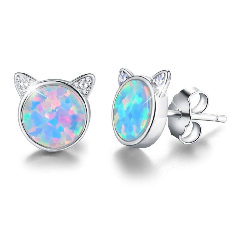 14K Gold Plated 925 Sterling Silver Cubic Zircon Opal Cat Stud Earrings for Women Girls