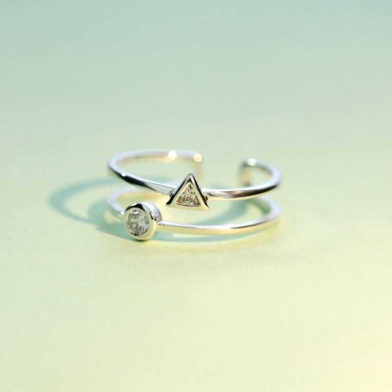 925 Sterling Silver Ring Double Layer Round Triangle CZ Adjustable Ring for Women S925 Ring Jewelry