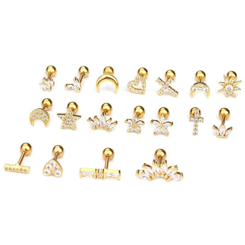 Stainless Steel Bar Micro Zircon Crown Ear Nail Screw Ball Fashion Earrings European American Piercing Jewellery