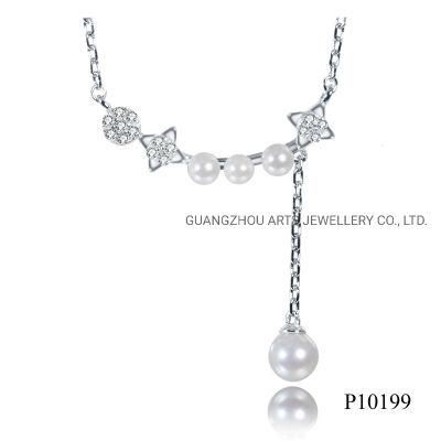 Fashion Silver Jewelry Long Chain Elegant Flower Pearl Necklace