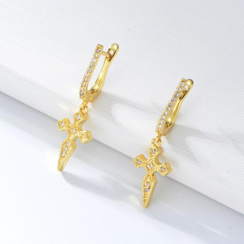 New Fashion 925 Sterling Silver 18K Gold Cross with Diamond Huggie Earrings for Female and Girls Jewelry