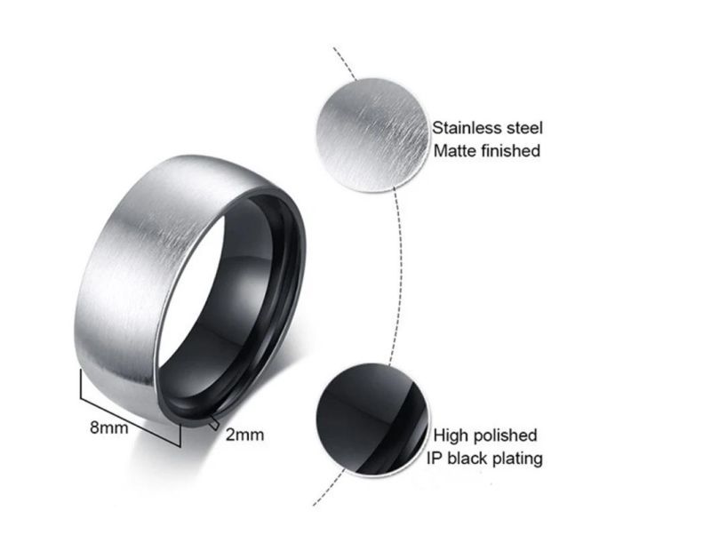 Titanium Steel Jewelry Wholesale 8mm Stainless Steel Bare Body Brushed Ring Steel+Black Men′s Ring SSR2415