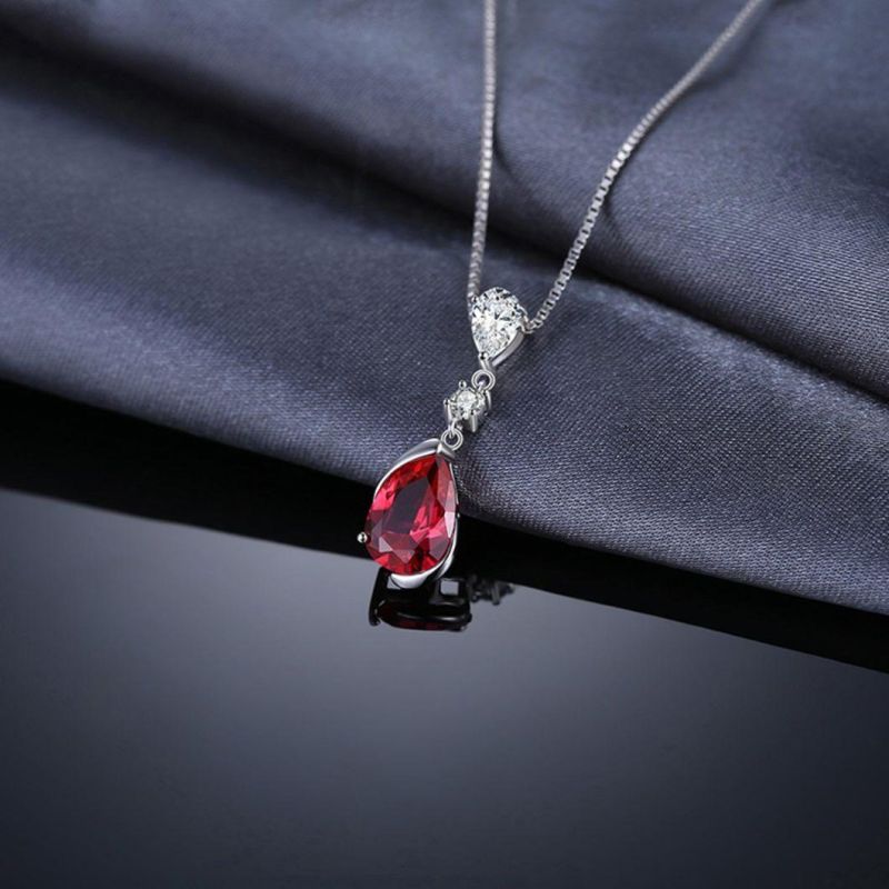 925 Sterling Silver Jewelry Pear Red Created Ruby Drop Pendant for Women Wholesale