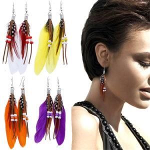 Ethnic India Style Long Feather Seed Bead Tassel Drop Earrings