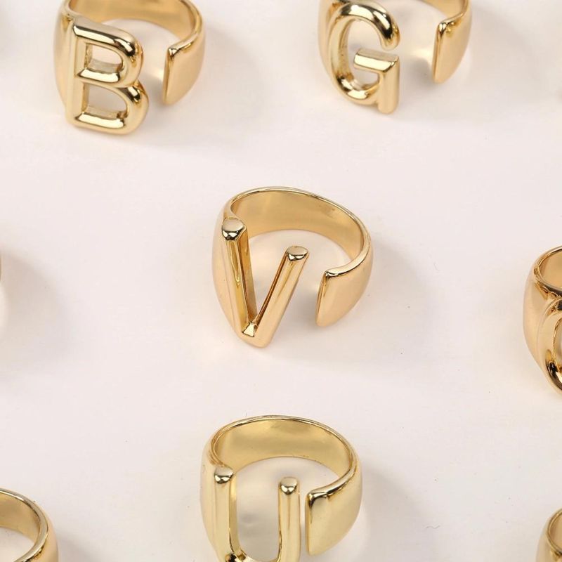 Jewelry Design Adjustable Gold Plated Hiphop Brass Custom Letter Rings