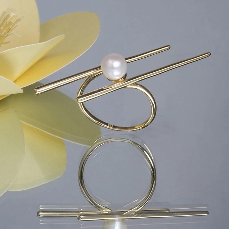 925 Silver Gold Plated Chopsticks Shape Fashion Accessories Fashion Jewelry Fine Jewellery Pearl Ball Hot Sale Ring