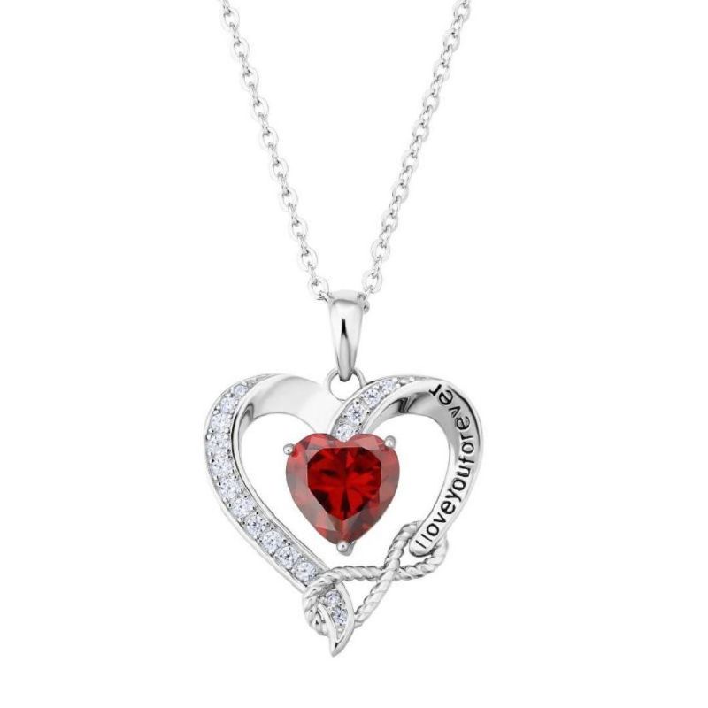 Garnet Birthstone 18K White Rose Gold Plated 925 Sterling Silver Diamond Heart Shape Pendant Heart Necklaces for Women