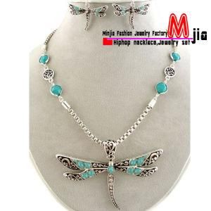 Antique Blue Dragonfly Necklace with Earring Silver Plating (913NC)