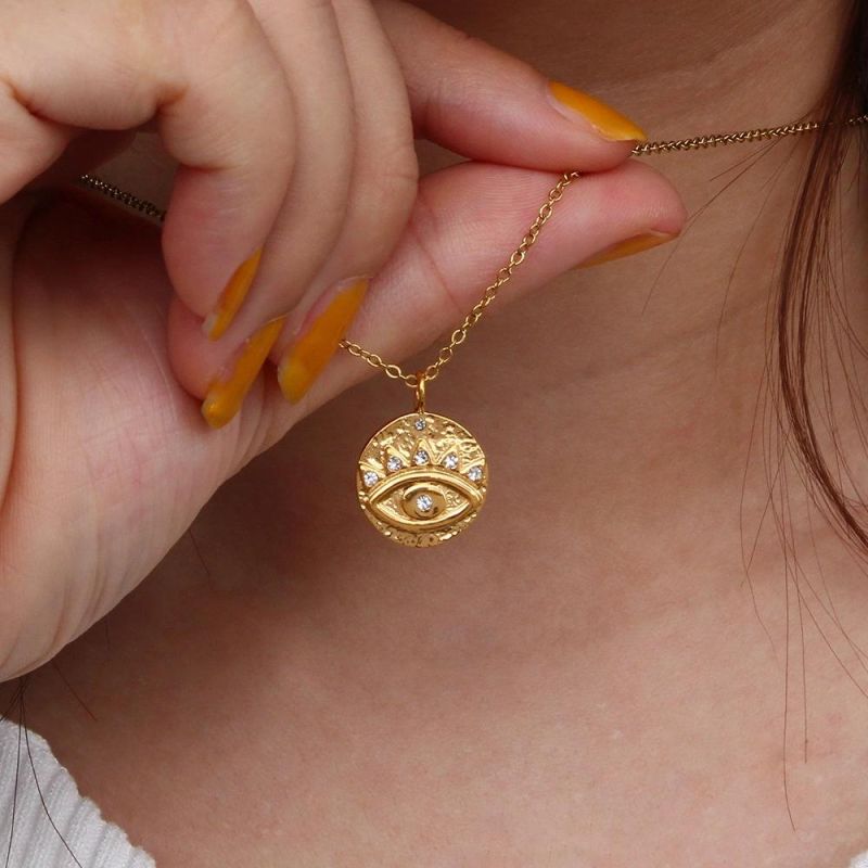 Factory Customized Fashion Coin Pendant Fine Side Chain Women′s Jewelry 18K PVD Gold Plated Evil Eye Stainless Steel Gold Necklace