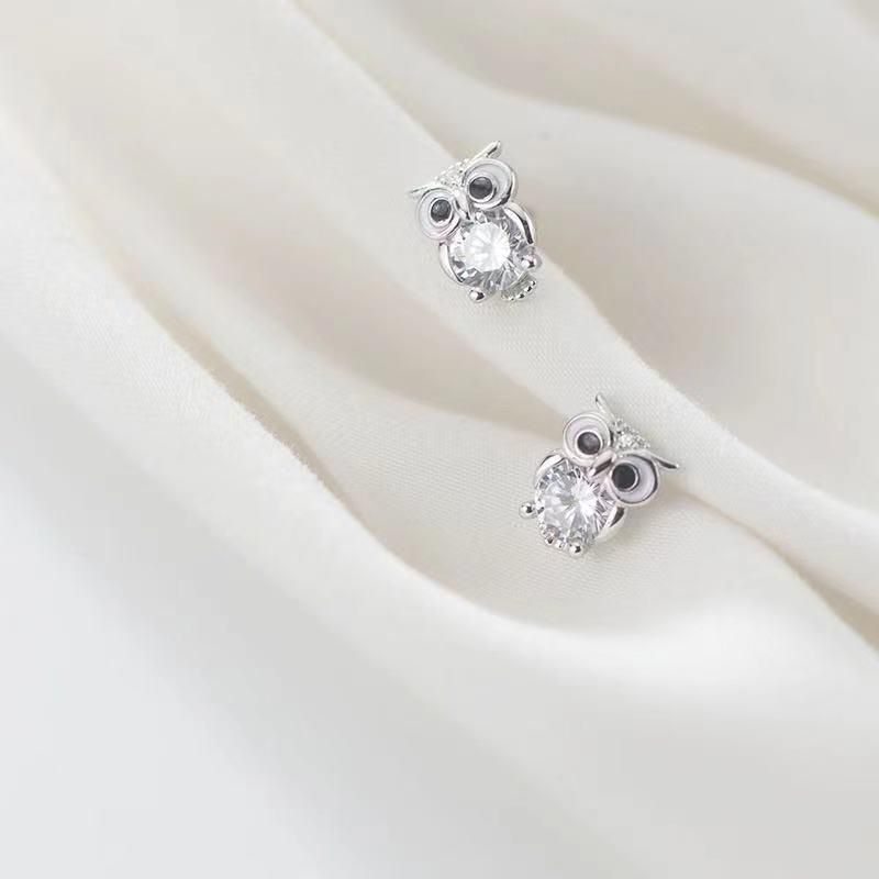 Stud Earrings Luxury Female White Crystal Owl Earrings 925 Sterling Silver Earrings