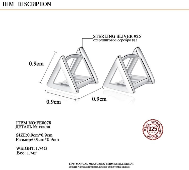 Mens 925 Silver Triangle Earring Double Ear Clip