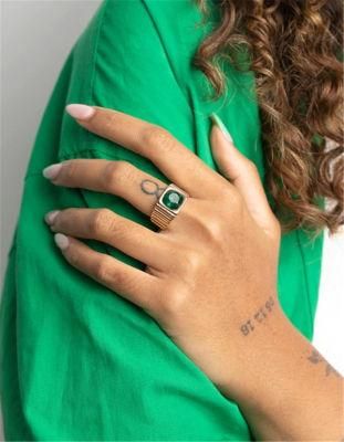 18K Gold Plated Ribbed Signet Ring with Square Emerald Glass Stone for Women and Girls