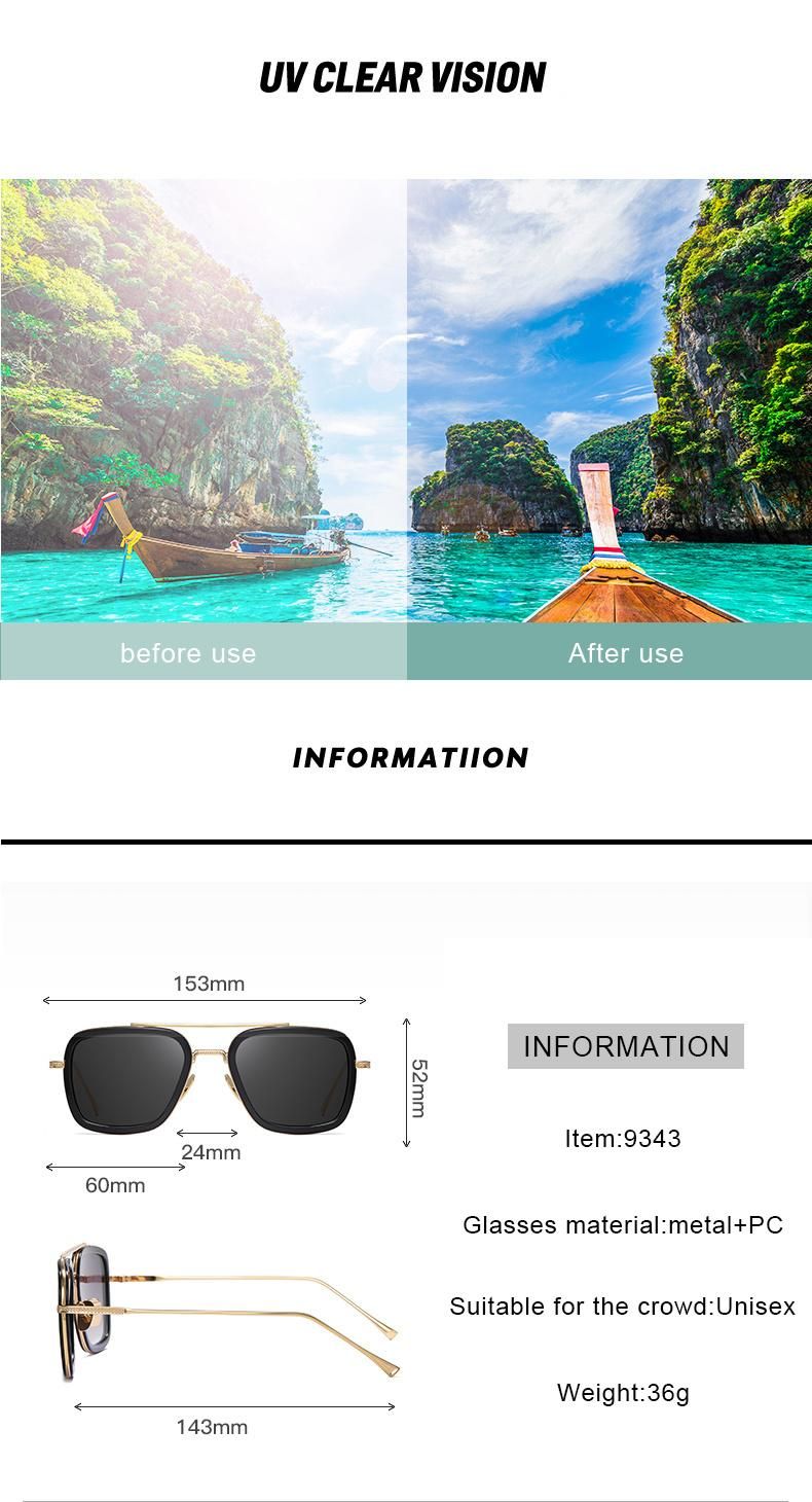 2021 Stylish Unisex Square Metal Frame Golden Double Bridge Pilot Sunglasses PC Lenses Electroplating Process