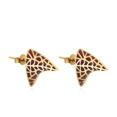 Shark Tooth Shape Copper Ear Stud with Red Wine Enamel