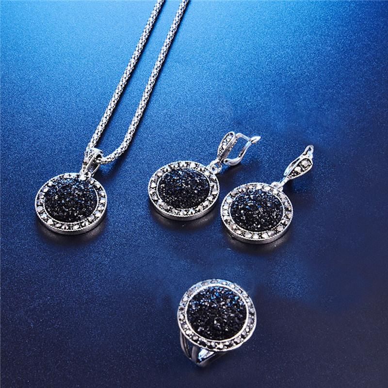 Vintage Black Round Stone Pendant Necklace Women Jewelry Set