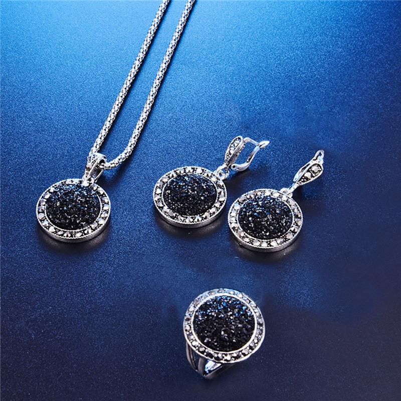 Vintage Black Round Stone Pendant Necklace Women Jewelry Set